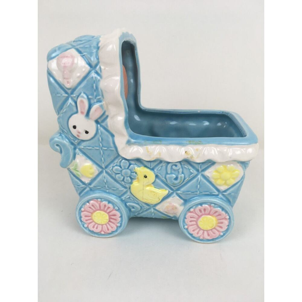 Vintage Ceramic Baby Buggy Planter Japan Pull String Sayings Blue Bunny Ducks